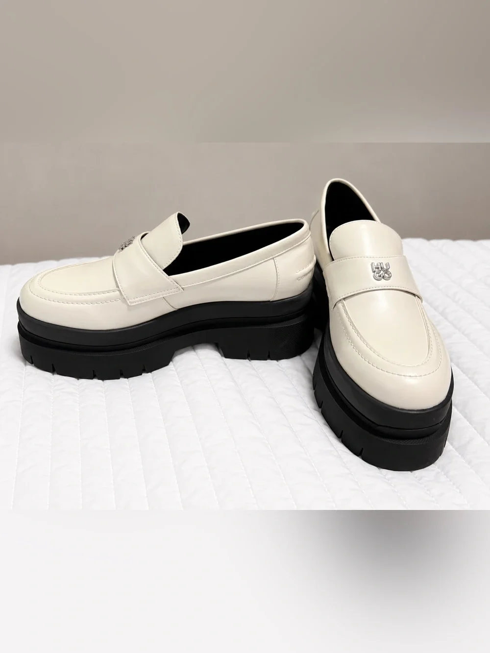 Hugo Boss Cream Leather Platform Lug Sole Loafers